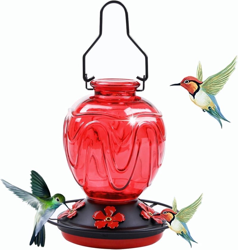 MCHBF Glass Hummingbird Feeder for Outdoors Hanging, 24Ozs Humming Bird Nectar Feeder w/Perch, 5 Flower Feeding Ports, Leak Proof Base and Hook for Outside Garden Backyard Decor, Gifts for Women Mom, Red - Image 1